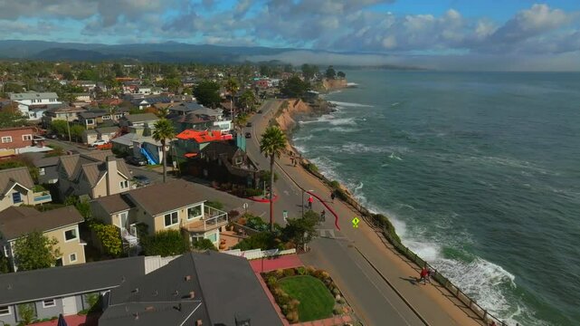 Santa Cruz Pleasure Point Park Privates Beach Opal Cliffs California aerial drone surfer surfing surf waves Steamers Lane Cliff Drive walk Capitola neighborhood Monterey Bay morning sunny forward pan