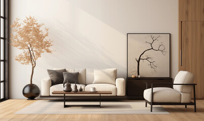 Modern Minimalist Living Room Interior Design Beige Sofa Wooden Accents and Artwork