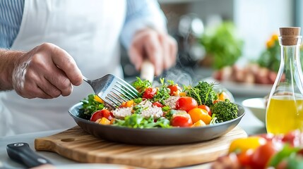 Nutritious Vegetable Salad Prepared in Professional Kitchen  Fresh Organic Ingredients Including Leafy Greens Tomatoes Peppers Broccoli Carrots and Onions Arranged on a Wooden Cutting Board