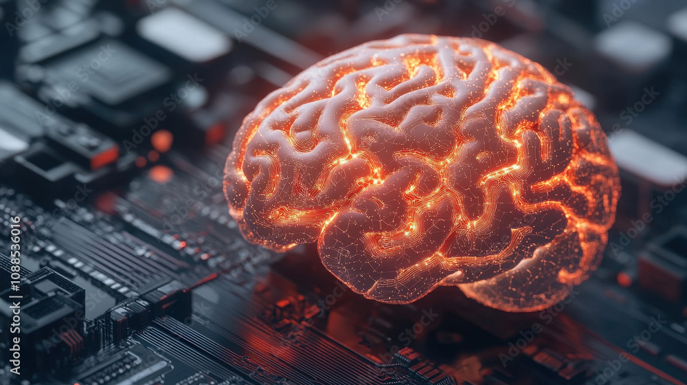 Poster high-tech glowing brain with interconnected digital neural pathways