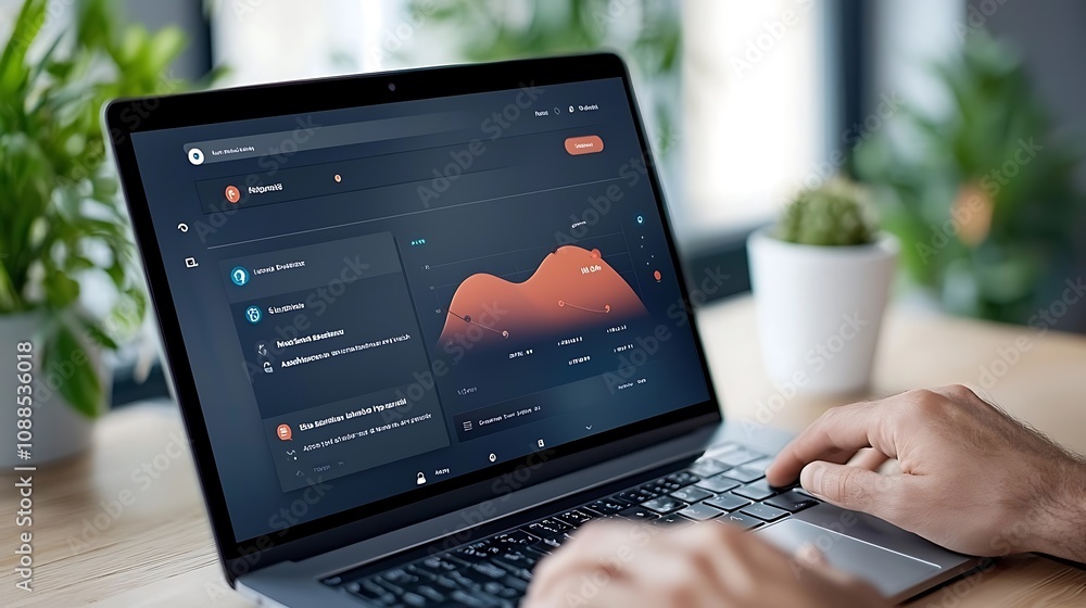 Poster laptop with digital analytics dashboard on screen displayed on desk in home or office workspace with