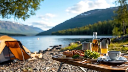 Breathtaking landscape of a serene mountain lake surrounded by lush forests with a cozy camping tent and an outdoor picnic setup featuring freshly prepared food and drinks on a wooden table