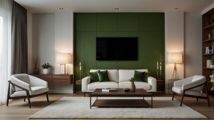 Here's a description and keywords for your stock image.. Modern living room with white sofa, green accent wall, and wooden coffee table.
