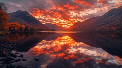 Fototapeta premium Stunning sunset over calming lake with mountains and vibrant clouds reflecting on water surface