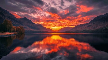 Stunning sunset over the lake with vibrant colors reflecting on the water surface