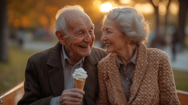 Elderly couple enjoys ice cream together on a sunny evening in the park while sharing joyful moments. Generative AI - Powered by Adobe