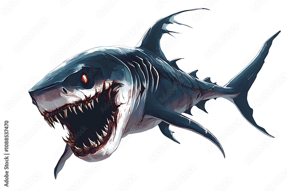 Poster a stylized, menacing shark with exaggerated features and sharp teeth.