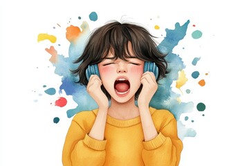 A young child wearing headphones, expressing emotion through music, surrounded by a vibrant splash of colors.