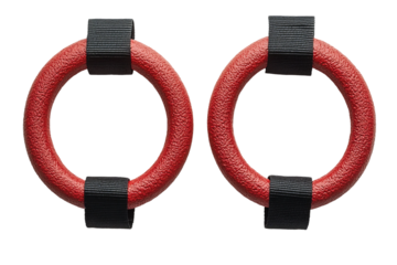 Top view of a pair of gymnastic rings with adjustable straps, isolated on white background