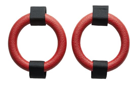 Top view of a pair of gymnastic rings with adjustable straps, isolated on white background