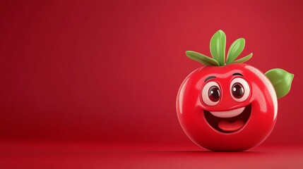 A cartoon tomato with a big smile and a green leaf on a red background.