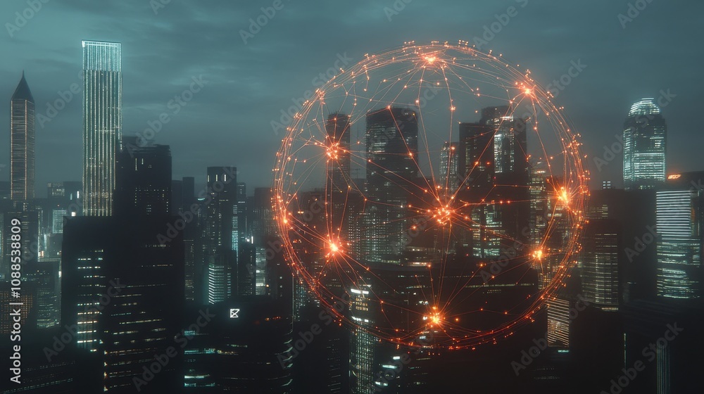 Poster futuristic cityscape with digital connections and network visualization over skyscrapers in a twilig