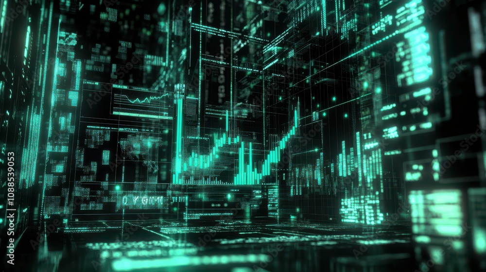 Poster futuristic digital environment with data streams and graphs representing financial analysis and netw
