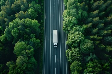 An overhead shot reveals a lone truck driving on a highway that cuts through a dense, vibrant green forest.