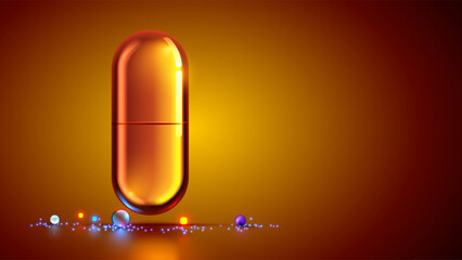 Fish oil capsule with omega 3 golden color. Fish oil omega 3 softgel on yellow background. Vector orange medicine capsule with omega tablet. Transparent realistic vitamin pill or glass softgel.