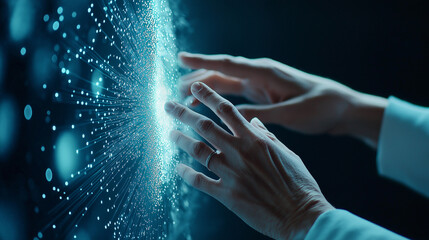 Fototapeta premium A detailed image of male hands interacting with a digital marketing hologram featuring dynamic graphs, product ads, and promotional visuals. The hologram emits a radiant light, con