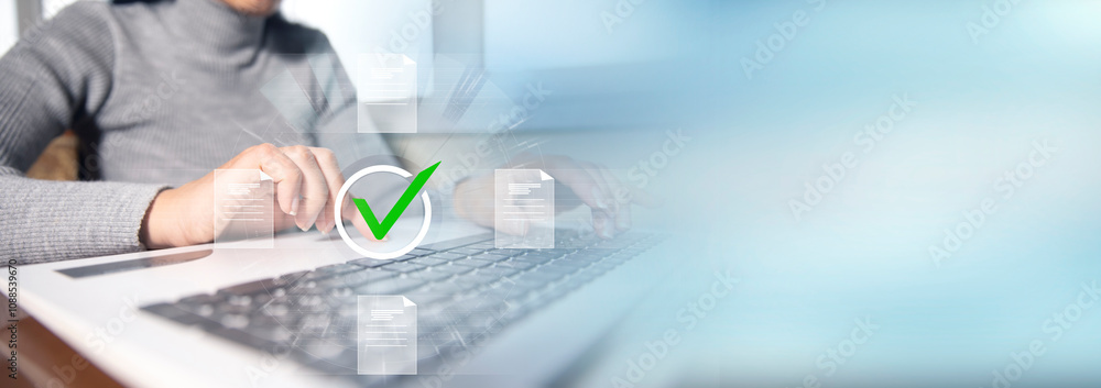 Poster concept of quality work on a virtual screen with files