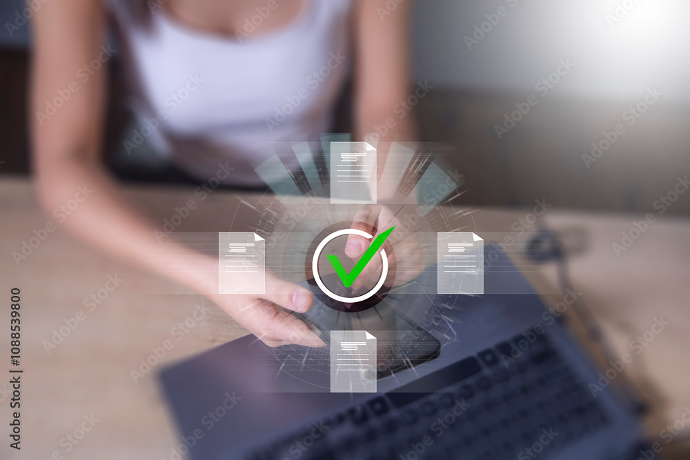 Poster concept of quality work on a virtual screen with files