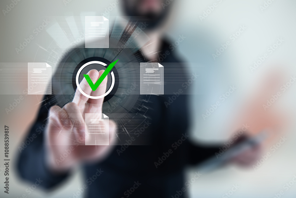 Poster concept of quality work on a virtual screen with files