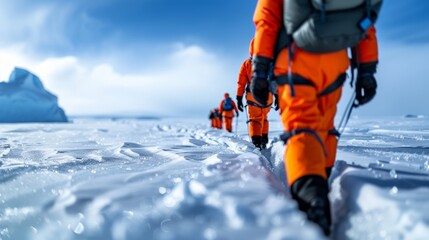 A group of researchers in winter gear collects samples and measures ice thickness in Antarctica's vast landscape