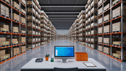 Obraz premium Wide-angle view of a modern warehouse with tall shelving, neatly stacked inventory, barcodes, and a workstation highlighting efficiency and logistics.