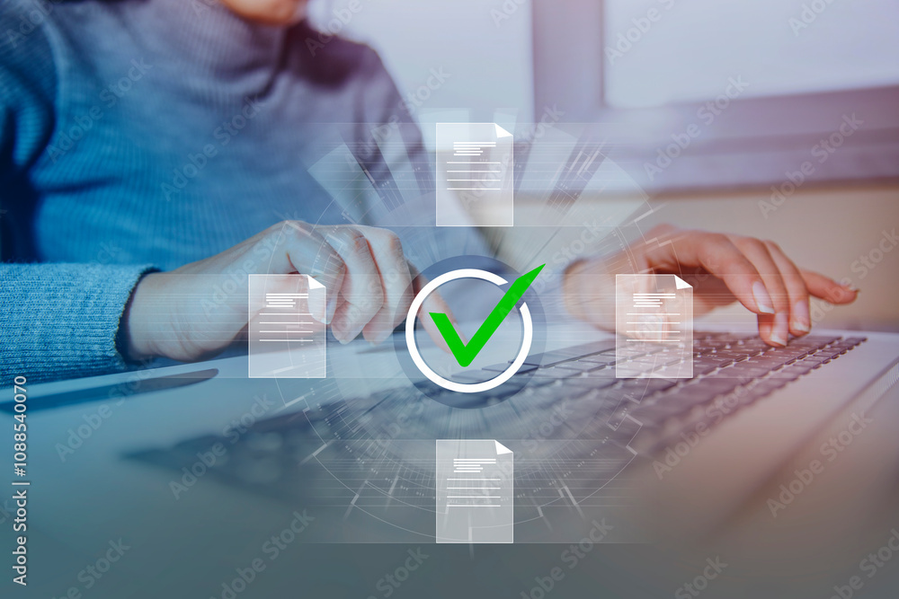Poster concept of quality work on a virtual screen with files