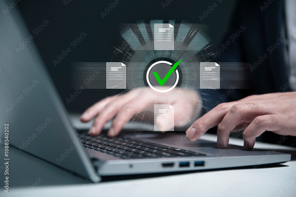 Poster concept of quality work on a virtual screen with files