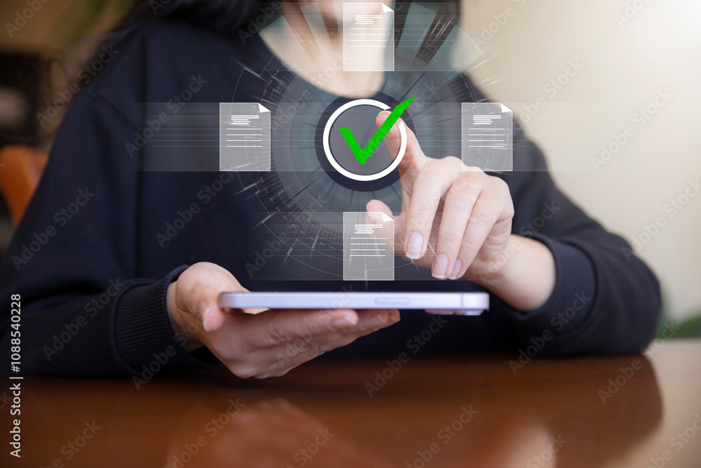 Poster concept of quality work on a virtual screen with files
