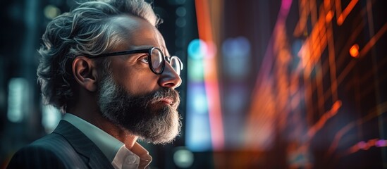 Obraz premium A thoughtful individual gazes at digital data projections in a business environment.