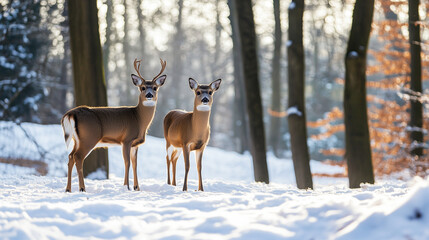 Obraz premium Two alert deer standing in a snowy forest surrounded by tall trees on a crisp winter day