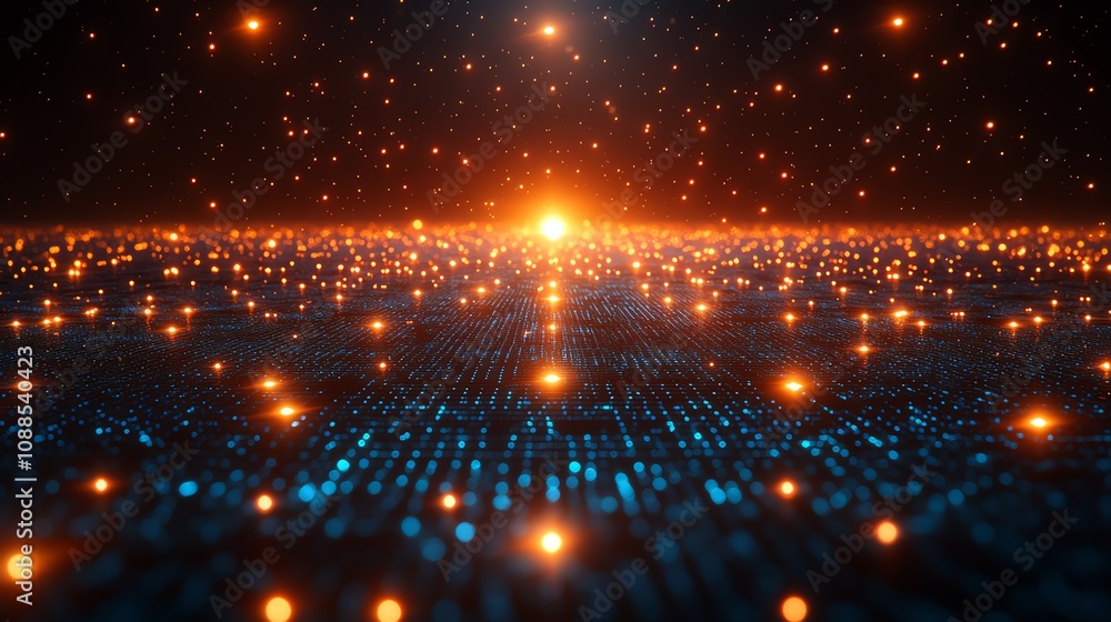 Poster a digital landscape depicting shimmering lights and data streams in a futuristic setting.