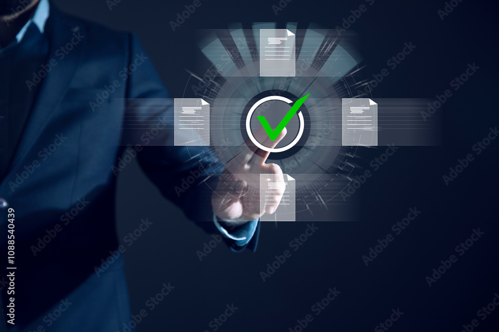 Poster concept of quality work on a virtual screen with files