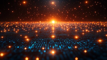 Fototapeta premium A digital landscape depicting shimmering lights and data streams in a futuristic setting.