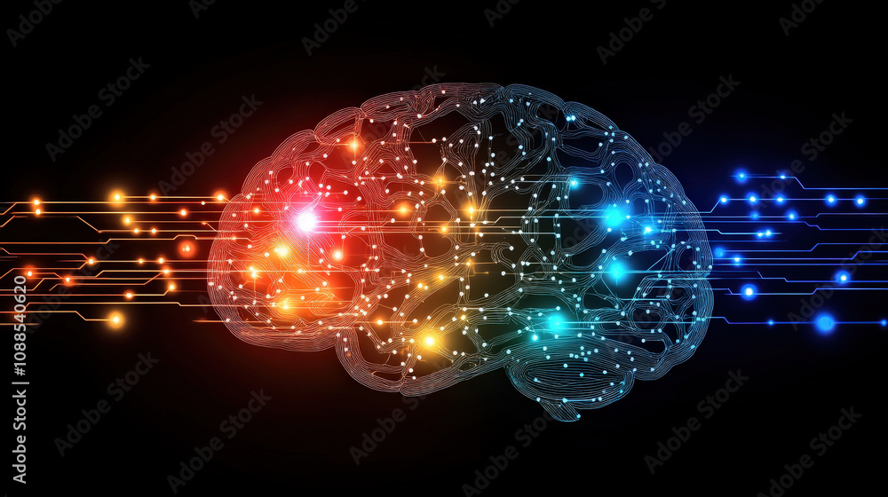Poster digital glowing brain with interconnected neural pathways and data signals