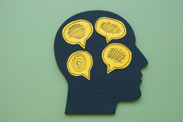 Speech bubbles in the head. Negative thoughts.