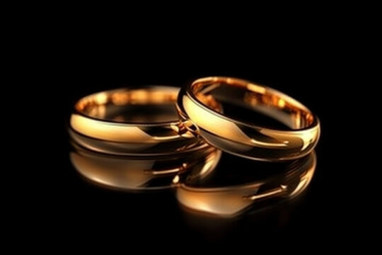 Two gold wedding rings shining on black backdrop, symbolizing eternal love and unity in marriage.