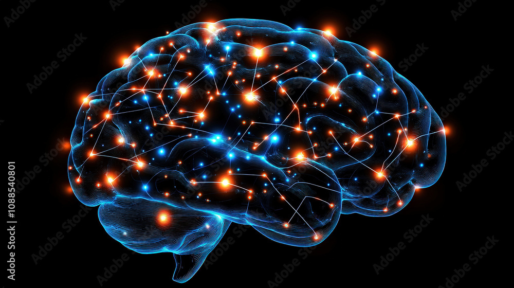 Poster sci-fi inspired ai brain with glowing neural paths and circuit patterns