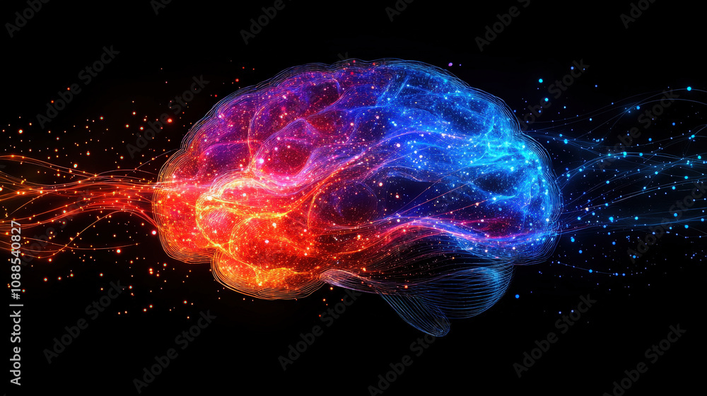 Poster neon-bright ai brain with virtual data layers and dynamic light trails