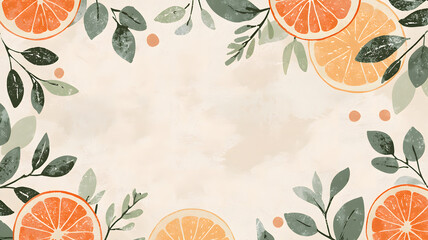 Fresh citrus fruits and green leaves create vibrant border on soft beige background, perfect for cheerful design