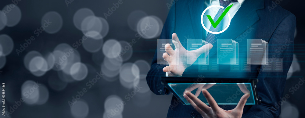Poster concept of quality work on a virtual screen with files