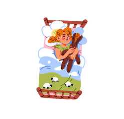 Happy little girl hugs toy during sleep top view. Cute kid lying on pillow under blanket at night. Asleep child with plush bunny has a rest, naps in bed. Flat isolated vector illustration on white