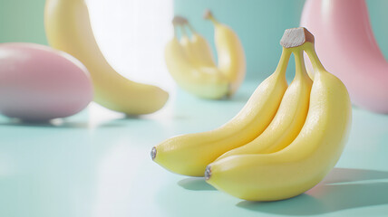 Fototapeta premium Fresh bananas in contemporary setting with pastel colors and playful shapes. vibrant yellow of bananas contrasts beautifully with soft pink and blue background, creating cheerful atmosphere