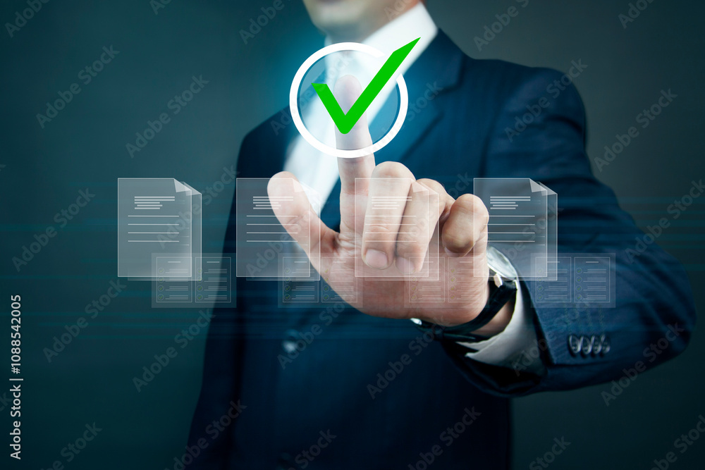 Poster concept of quality work on a virtual screen with files