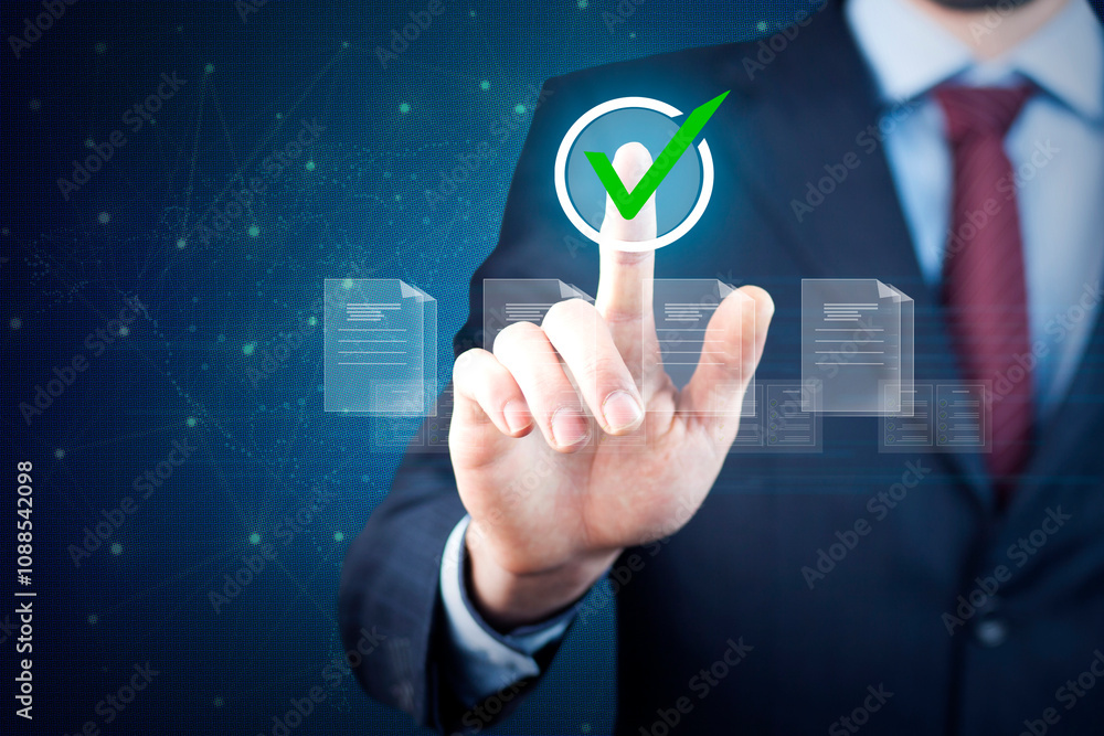 Poster concept of quality work on a virtual screen with files