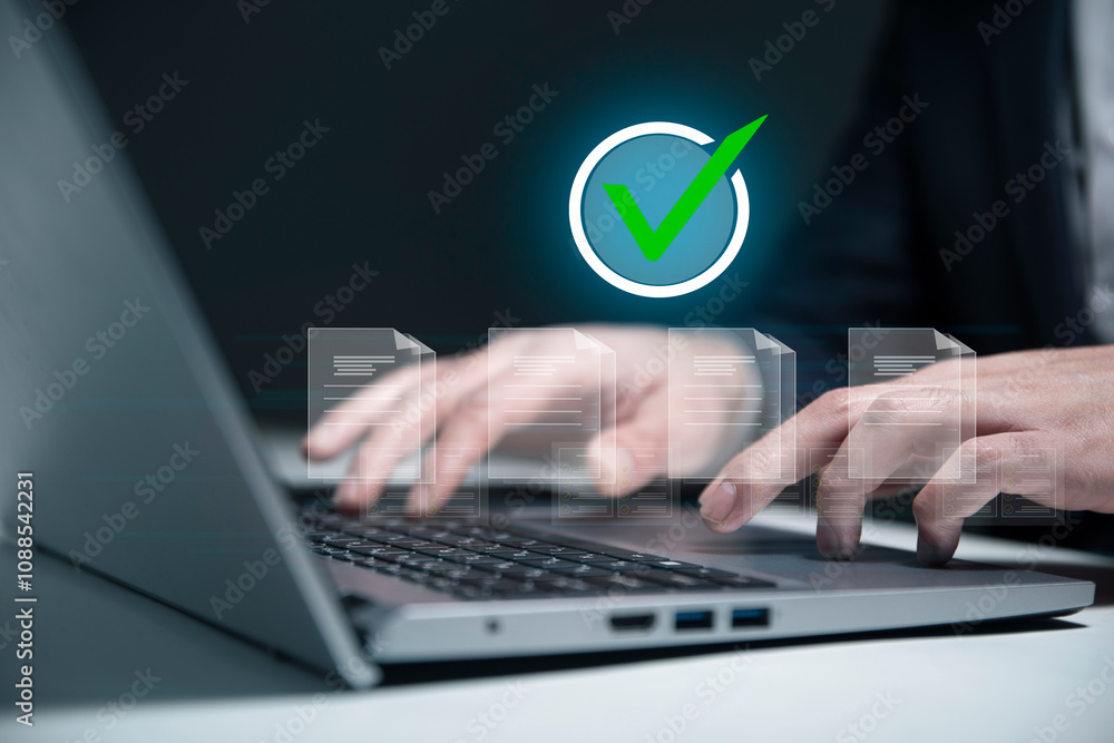 Poster concept of quality work on a virtual screen with files