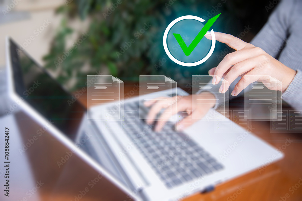 Poster concept of quality work on a virtual screen with files