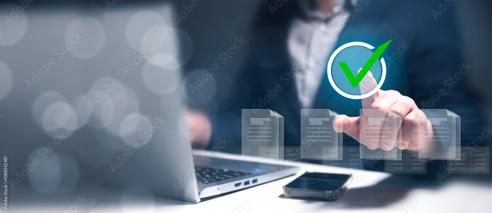Poster concept of quality work on a virtual screen with files