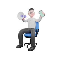 Animated 3D Cartoon. A male producer sits on a blue chair with his right hand holding a loudspeaker and his left hand holding a cellphone. Animation