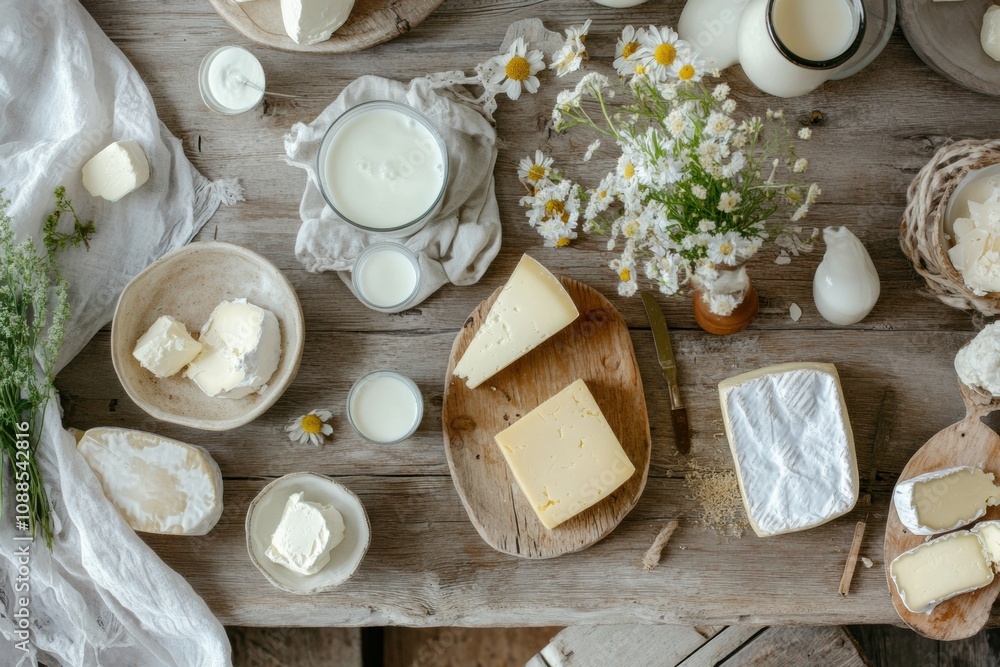Poster the table showcases an array of fresh dairy items like milk, cheese, and butter, surrounded by wildf