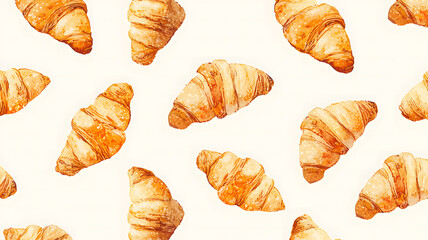 Whimsical croissant patterns create delightful and inviting design, perfect for food related themes. warm colors and playful arrangement evoke sense of joy and comfort